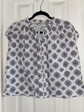 LOFT White Cap-Sleeve Tie-Neck Blouse with Blue and Pink Floral Print